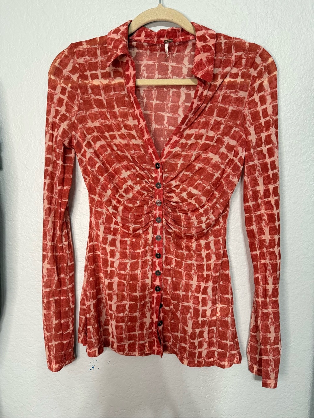 Free People Rust Grid-Print Button Front Top